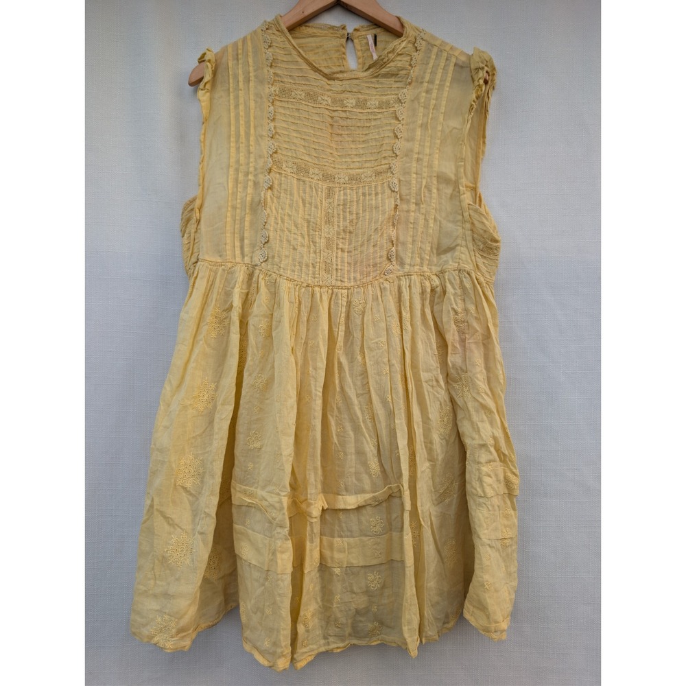 Free People Yellow Sleeveless Eyelet Lace Pintuck Boho Tunic Top Large